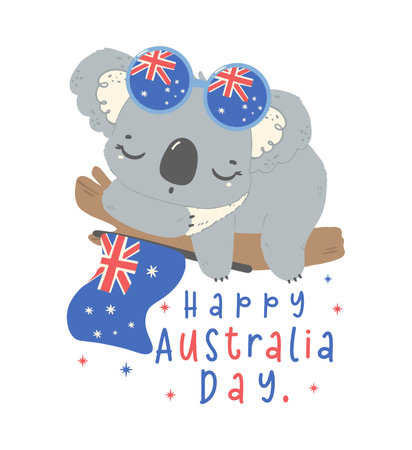 Happy Australia day koala sleeping with flag on tree. Adroable animal celebrate Australian Nation day cartoon hand drawing. Idea for greeting card.のイラスト素材