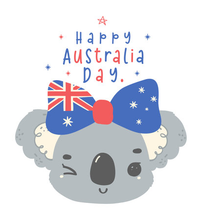 Happy Australia day koala face with flag bow adroable animal celebrate Australian Nation day cartoon hand drawing. Idea for greeting card.のイラスト素材