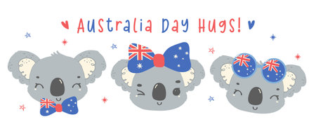 cute koalas cartoon baby animal with flag hand drawn Aussie charm banner, perfect for Australia Day festivities Nation Day.のイラスト素材
