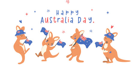 Group of Australia day baby kangaroos cartoon animal with balloons and flag, Aussie animal wildlife hand drawingのイラスト素材