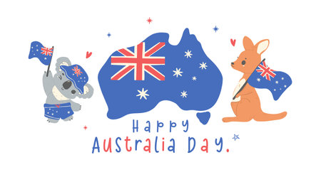 Australia Day banner, Adorable animal baby kangaroo and koala cartoon animal with map and flag, Aussie animal wildlife hand drawingのイラスト素材