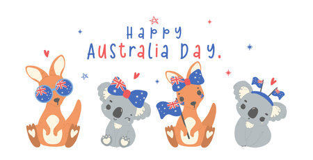 Australia Day banner, Group of animal baby kangaroos and koalas cartoon animal with balloons and flag, Aussie animal wildlife hand drawingのイラスト素材