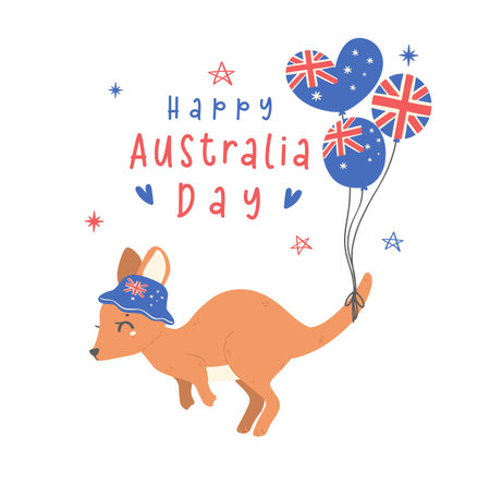 Australia day baby kangaroo cartoon animal with balloons flag, Aussie animal wildlife hand drawingのイラスト素材