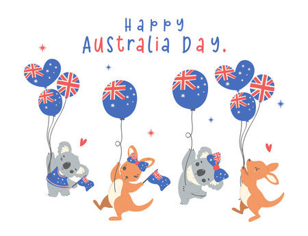 Australia Day banner, group of animal baby kangaroos and koalas cartoon animal with balloons flag, Aussie animal wildlife hand drawingのイラスト素材