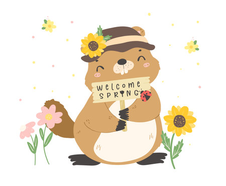 happy groundhog day with cheerful cartoon groundhog holding spring sign.のイラスト素材