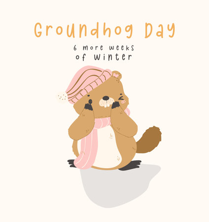 Happy groundhog day with cheerful cartoon groundhog see its shadow, 6 more weeks of winter.のイラスト素材