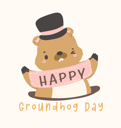 Happy groundhog day with cheerful cartoon groundhog hodling banner.のイラスト素材