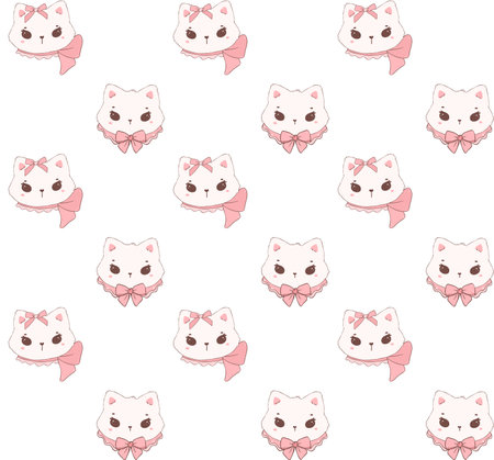 Cute coquette cat face adroned with pink ribbon bow pattern seamless isolated on white background.のイラスト素材