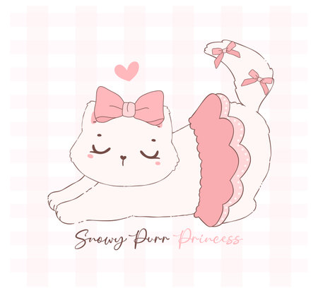 Cute coquette cat  with Valentine fluffy white kitten adroned with pink ribbon bow, adorable pet animal doodle illustration hand drawing.のイラスト素材