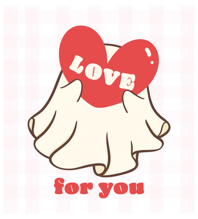 cute retro valentine ghost with love heart, kawaii Valentine spooky love doodle hand drawing, greerting card, shirt design.のイラスト素材
