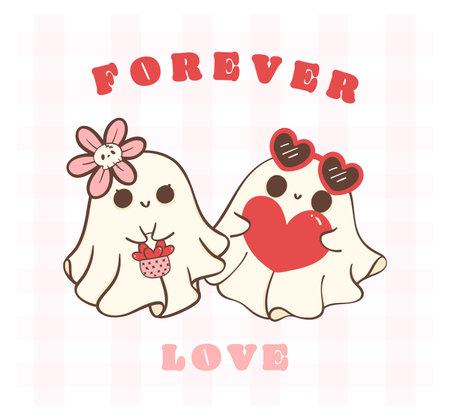 cute retro valentine ghost couple - spooky love doodle in kawaii styleのイラスト素材