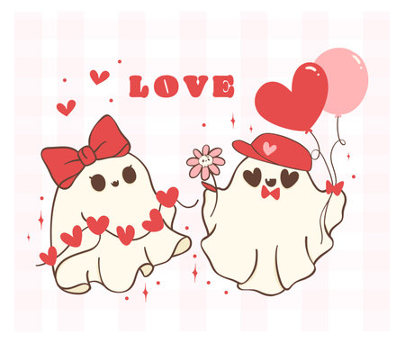 cute retro valentine ghost couple, spooky love doodle in kawaii styleのイラスト素材