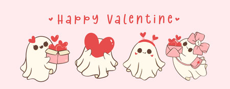 cute retro valentine ghosts set banner, spooky love doodle in kawaii styleのイラスト素材