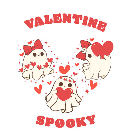 cute retro valentine ghost formed in heart shape, Valentine spooky doodle hand drawing shirt design.のイラスト素材