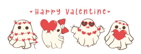 cute retro valentine ghosts set banner, spooky love doodle in kawaii styleのイラスト素材