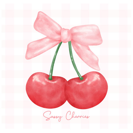 Red coquette cherries with pink ribbon bow, aesthetic watercolor hand drawingのイラスト素材