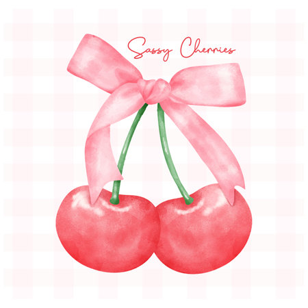 Red coquette cherries with pink ribbon bow, aesthetic watercolor hand drawingのイラスト素材