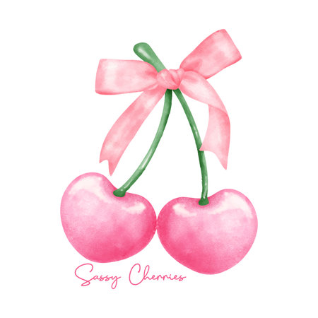Hot Pink coquette cherries with pink ribbon bow, aesthetic watercolor hand drawingのイラスト素材