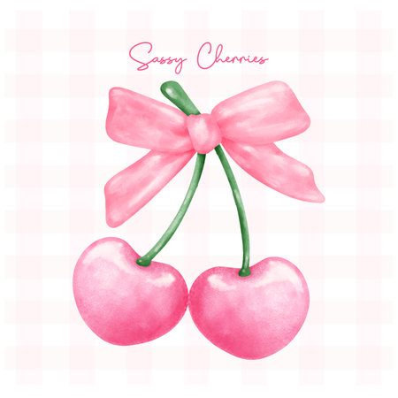 Hot Pink coquette cherries with pink ribbon bow, aesthetic watercolor hand drawingのイラスト素材