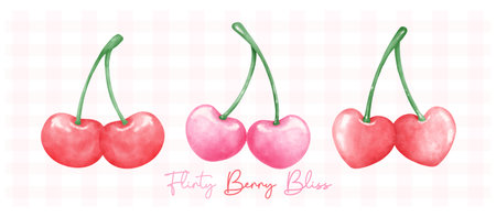 group of Red and hot pink coquette cherries aesthetic watercolor hand drawing banner.のイラスト素材