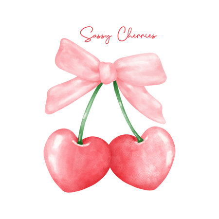 Red coquette heart cherries with pink ribbon bow, aesthetic watercolor hand drawingのイラスト素材
