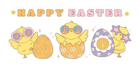 Cute Happy Groovy Easter Chicks with Retro Easter eggs banner. Playful cartoon doodle animal character hand drawing.のイラスト素材