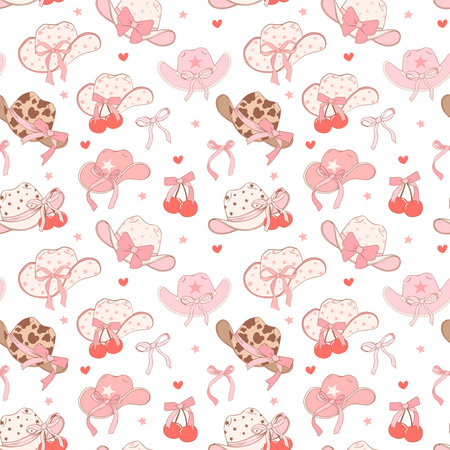 Coquette Pink cowgirl hat pattern seamless, Girly Western Digital Paper isolated on white background.のイラスト素材
