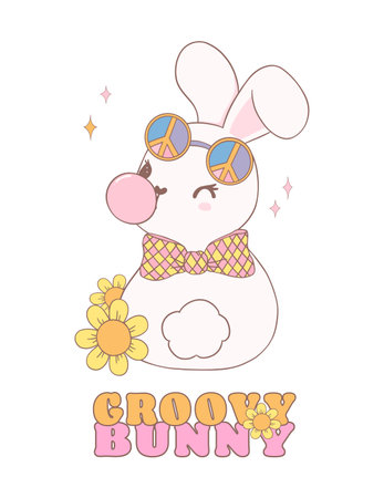 Cute Happy Groovy Easter bunny Playful cartoon doodle animal hand drawing.のイラスト素材