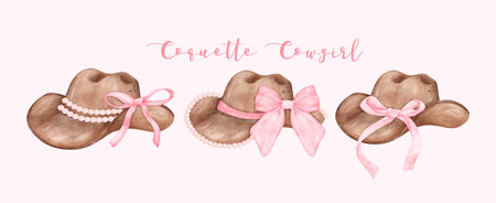 Watercolor Coquette Cowgirl Hat with pink ribbon bow collection. Feminine cowboy hat Whimsical Illustration banner.のイラスト素材