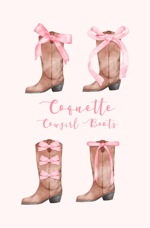 Coquette Cowgirl Boots with Pink ribbon Bow Watercolor set. Retro Aesthetic Hand Painted Illustration.のイラスト素材