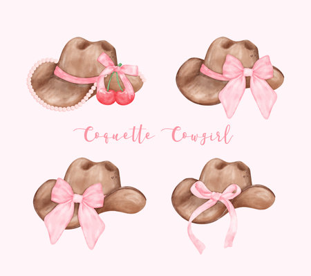 Watercolor Coquette Cowgirl Hat with pink ribbon bow collection. Feminine cowboy hat Whimsical Illustration.のイラスト素材