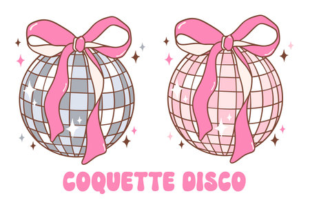 Coquette Disco ball with pink ribbon bow illustration, trendy groovy vibes disco era.のイラスト素材