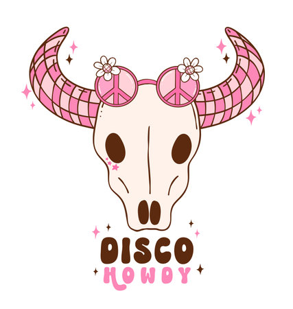 Disco Cowgirl bull skull doodle hand drawing illustration, trendy retro groovy vibes disco era.のイラスト素材