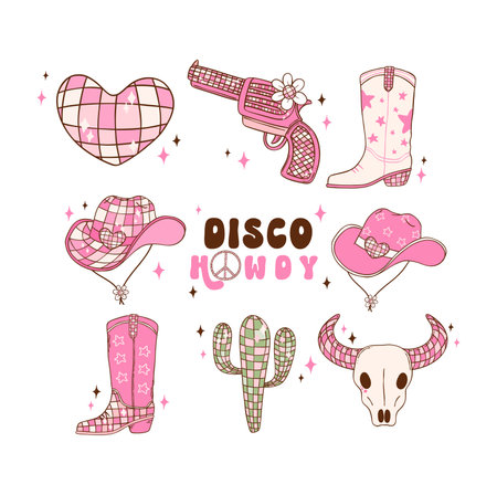 Disco Cowgirl element set doodle hand drawing illustration, trendy retro groovy vibes disco era.のイラスト素材