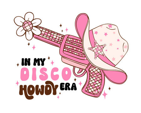 Disco Cowgirl hat and gun doodle hand drawing illustration, trendy retro groovy vibes disco era.のイラスト素材