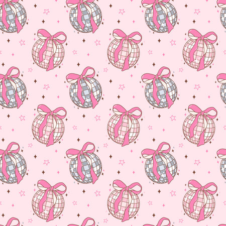 Coquette Pink Disco Ball Doodle Seamless Pattern Groovy Retro Vibesのイラスト素材