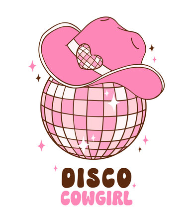 Disco ball and pink Cowgirl hat doodle hand drawing illustration, trendy retro groovy vibes disco era.のイラスト素材