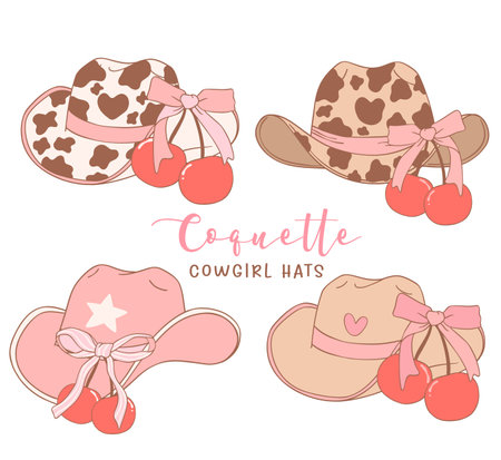 set of Coquette Cowgirl Hats with pink Ribbon Bow and cherries Hand Drawn Doodle illustration.のイラスト素材