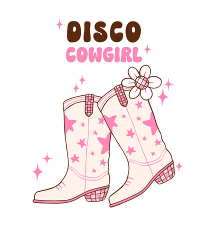 Disco Cowgirl boots illustration, trendy retro groovy vibes disco era.のイラスト素材