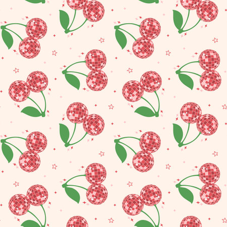 Disco Ball Cherry Seamless Pattern Groovy Retro background Vibes isolated on background.のイラスト素材