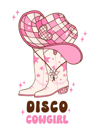 Pink Disco Cowgirl boots and hat illustration, trendy retro groovy vibes disco era.のイラスト素材