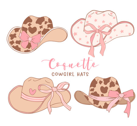 set of Coquette Cowgirl Hats with pink Ribbon Bow Retro vibe Hand Drawn Doodle illustration.のイラスト素材