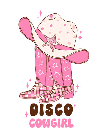 Pink Disco Cowgirl boots and hat illustration, trendy retro groovy vibes disco era.のイラスト素材