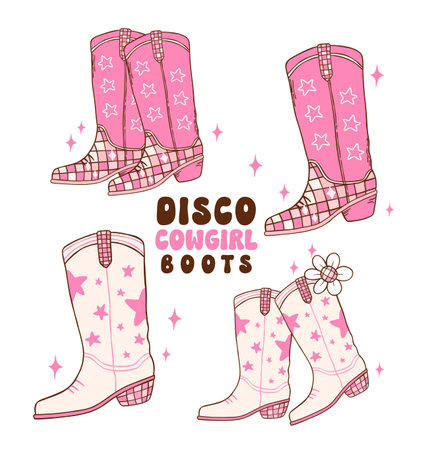 Set of Disco Cowgirl boots doodle hand drawing illustration, trendy retro groovy vibes disco era.のイラスト素材