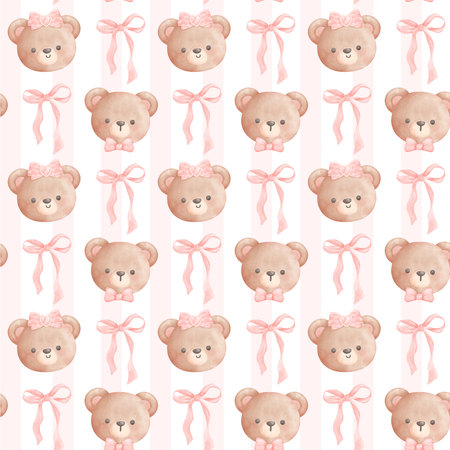 Coquette teddy bear with pink ribbon bow watercolor hand painting, trendy illustration.の写真素材