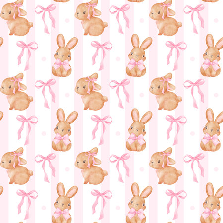 Coquette bunny with pink ribbon bow watercolor hand painting, trendy illustration.の写真素材