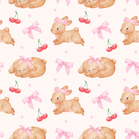 Coquette bunny with pink ribbon bow watercolor hand painting, trendy illustration.の写真素材