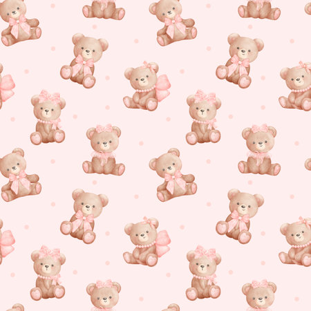 Coquette teddy bears with pink ribbon bow watercolor hand painting, trendy illustrationの写真素材