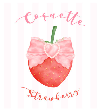 Coquette Strawberry with pink bow, aesthetic watercolor hand drawingのイラスト素材