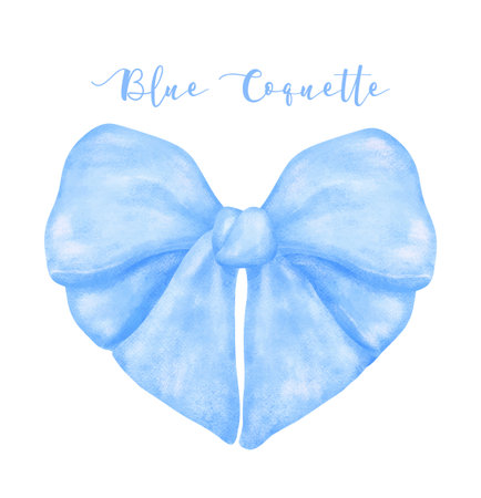 Trendy Blue Coquette ribbon bow in heart shape Watercolor hand painting soft pastel setのイラスト素材